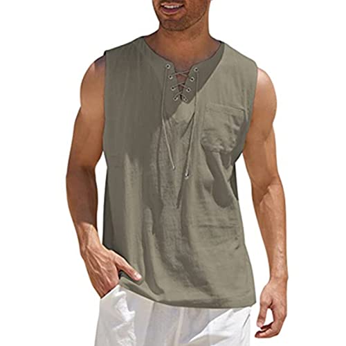 bolukets Herren Hemd Leinenhemd Ärmelloses V Ausschnitt Gothic Casual Sommerhemd Freizeithemd Schnürhemd Männer Regular Fit Stehkragen Hemd für Sommer Urlaub Beach Strand Surf,XL,Kamel von bolukets