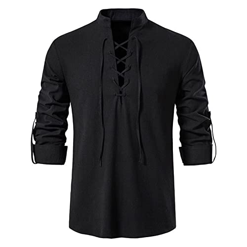 bolukets Herren Hemd Leinenhemd V Ausschnitt Gothic Casual Sommerhemd Freizeithemd Schnürhemd Männer Regular Fit Stehkragen Hemd für Sommer Urlaub Beach Strand Surf Schwarz,XL von bolukets