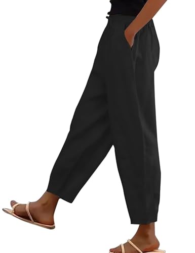 bolukets Leinenhose Damen 7/8 Leichte Freizeithose Casual Musselin Sommerhose Stoffhose Kordelzug Straight Leg Hose Mit Taschen Schwarz Medium von bolukets