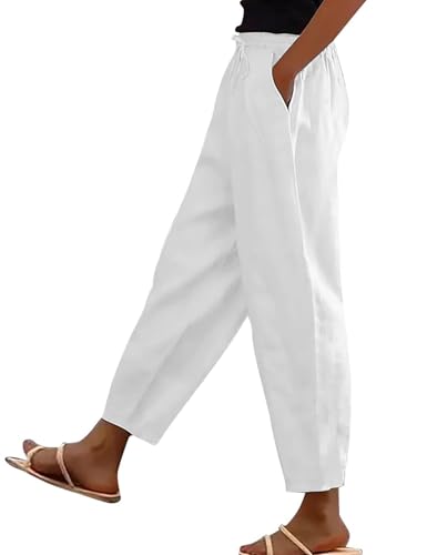 bolukets Leinenhose Damen 7/8 Leichte Freizeithose Casual Musselin Sommerhose Stoffhose Kordelzug Straight Leg Hose Mit Taschen Weiß S von bolukets
