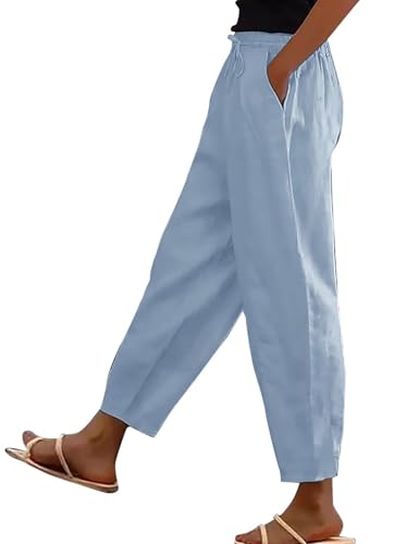 bolukets Leinenhose Damen 7/8 Leichte Freizeithose Casual Musselin Sommerhose Stoffhose Kordelzug Straight Leg Hose Mit Taschen von bolukets