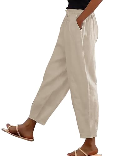 bolukets Leinenhose Damen 7/8 Leichte Freizeithose Casual Musselin Sommerhose Stoffhose Kordelzug Straight Leg Hose Mit Taschen von bolukets