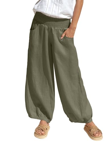 Leinenhose Sommerhose Damen Leichte Stoffhose Freizeithose Strandhose Einfarbig Bequeme Harem Musselin Hose mit Weites Bein Green S von bolukets