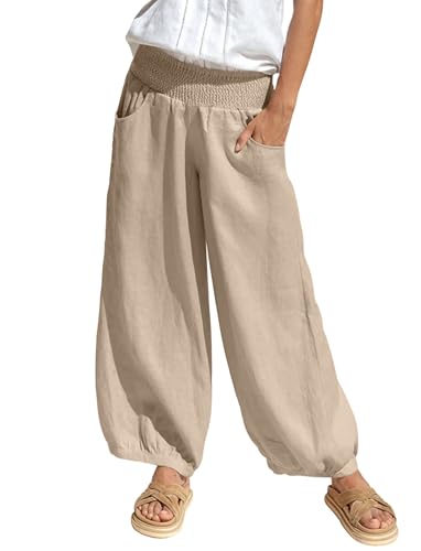 bolukets Leinenhose Sommerhose Damen Leichte Stoffhose Freizeithose Strandhose Einfarbig Bequeme Harem Musselin Hose mit Weites Bein von bolukets