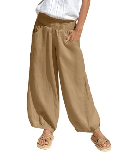 bolukets Leinenhose Sommerhose Damen Leichte Stoffhose Freizeithose Strandhose Einfarbig Bequeme Harem Musselin Hose mit Weites Bein von bolukets