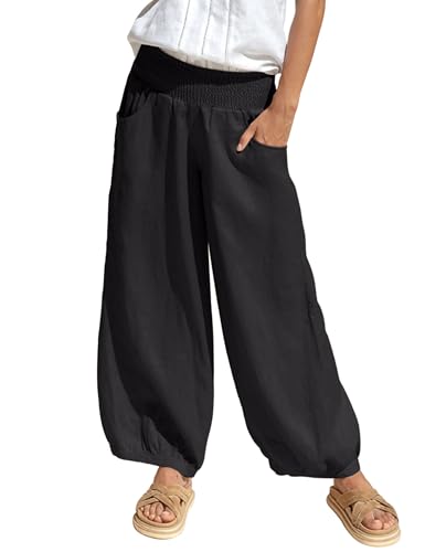 bolukets Leinenhose Sommerhose Damen Leichte Stoffhose Freizeithose Strandhose Einfarbig Bequeme Harem Musselin Hose mit Weites Bein von bolukets