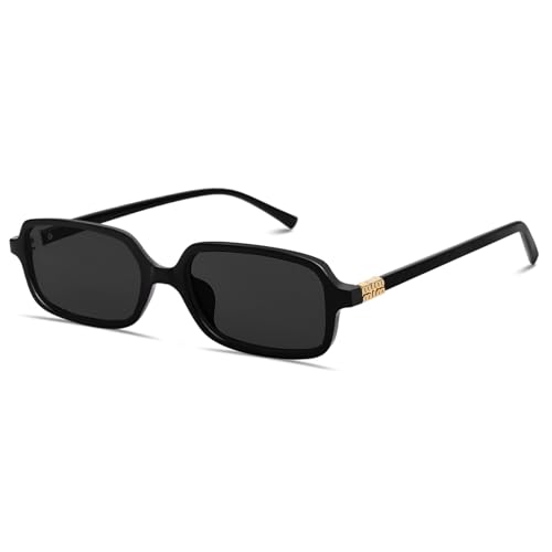 boluoboluomi Damen Retro-Sonnenbrille Herren 90er Jahre kleine rechteckige Sonnenbrille Retro niedliche schmale Mode Sonnenbrilles, UV400 Schutz Mode Brillen (Black) von boluoboluomi