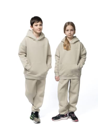 bonolo Kids 100% Baumwoll-Fleece-Trainingsanzug für Jungen und Mädchen - 2-teiliges Warm- und Gemütlich-Hoodie-Set in Hellgrau (Hellgrau, 130) von bonolo