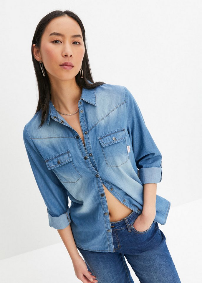 bonprix Jeansbluse mit Druckknöpfen, schmal geschnitten von bonprix