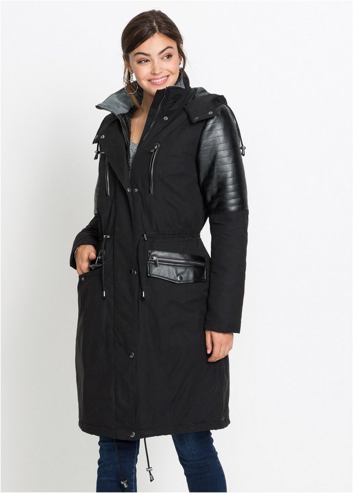 bonprix Langjacke Winterjacke mit Kapuze als Long-Parka mit Lederimitateinsatz von bonprix