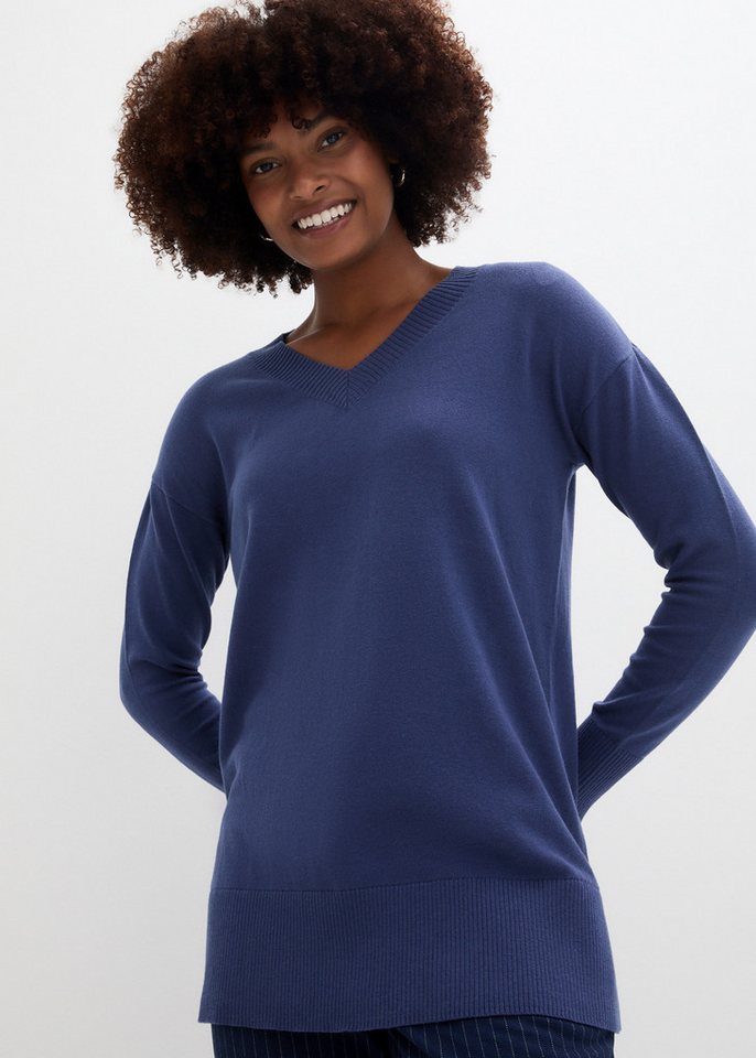 bonprix Longpullover Long-Pullover mit V-Ausschnitt und Seitenschlitzen von bonprix