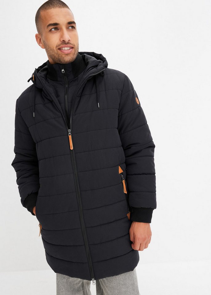 bonprix Steppjacke wattierter Stepp-Parka mit Kapuze und Lederimitat-Details von bonprix