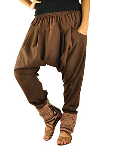 virblatt - Haremshose Damen | 100% Baumwolle | Yogahose Damen Pumphose Pluderhose Aladinhose Goa Hose Hippie Hose - Klangkörper S-M braun von virblatt