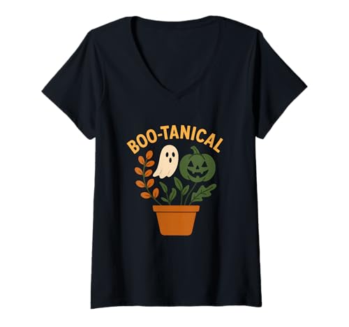 Damen Buchen Sie Tanical Plant Ghost T-Shirt mit V-Ausschnitt von boo tanical ghost plant pumpkin pun halloween