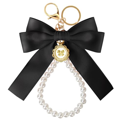 Boocooberg Schlüsselanhänger Band Mit Schleife für Frauen und Mädchen - Perle Auto Schlüsselband Zubehör Geschenk (Schwarz) von boocooberg
