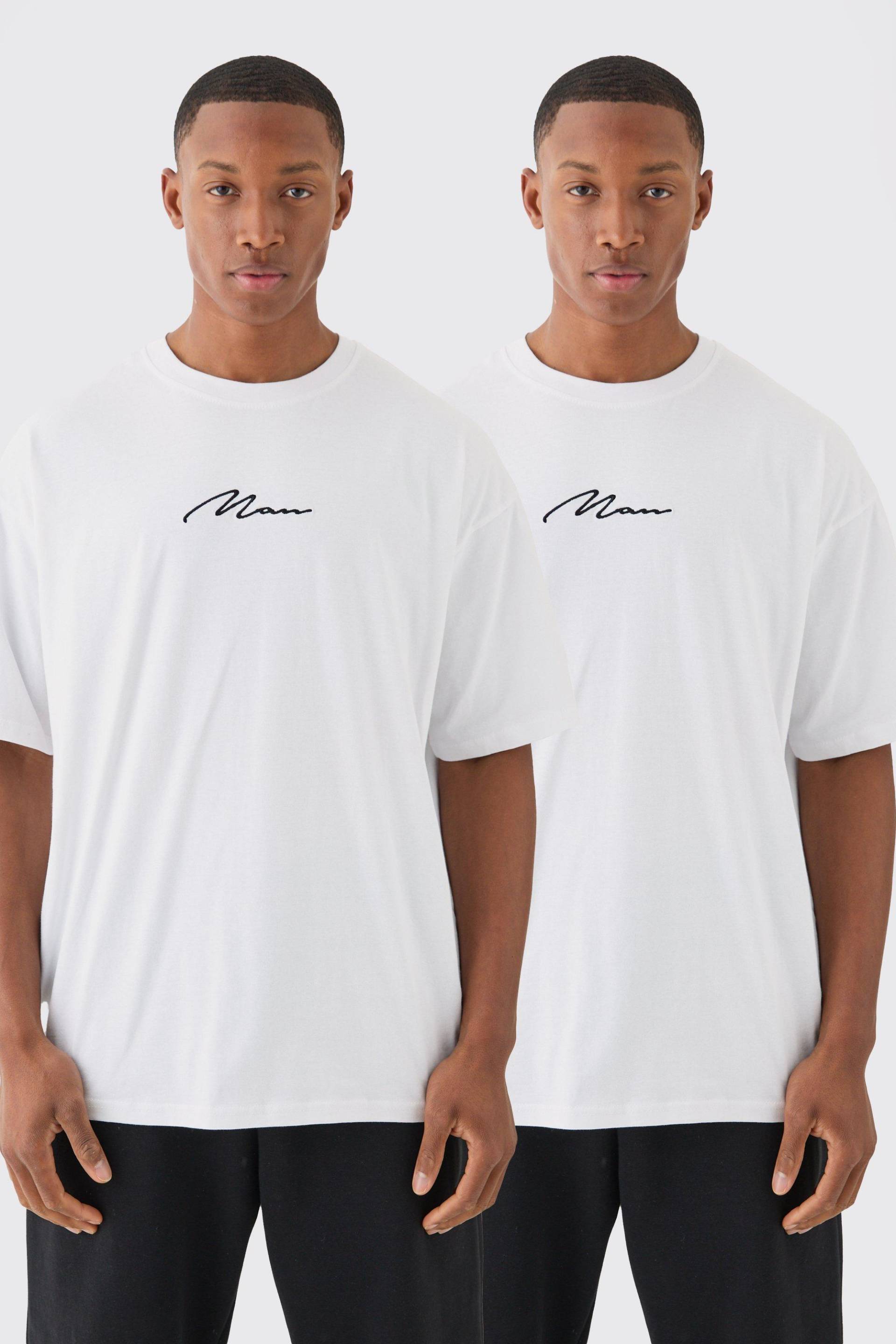 2Er-Pack Oversize Man Signature T-Shirts - White - M, White von boohoo