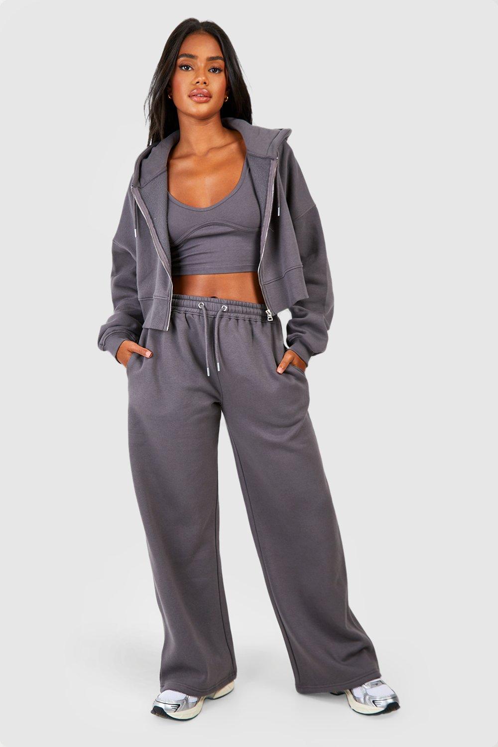 3-Teiliger Trainingsanzug Mit Naht-Detail Und Crop Top - Charcoal - 38, Charcoal von boohoo