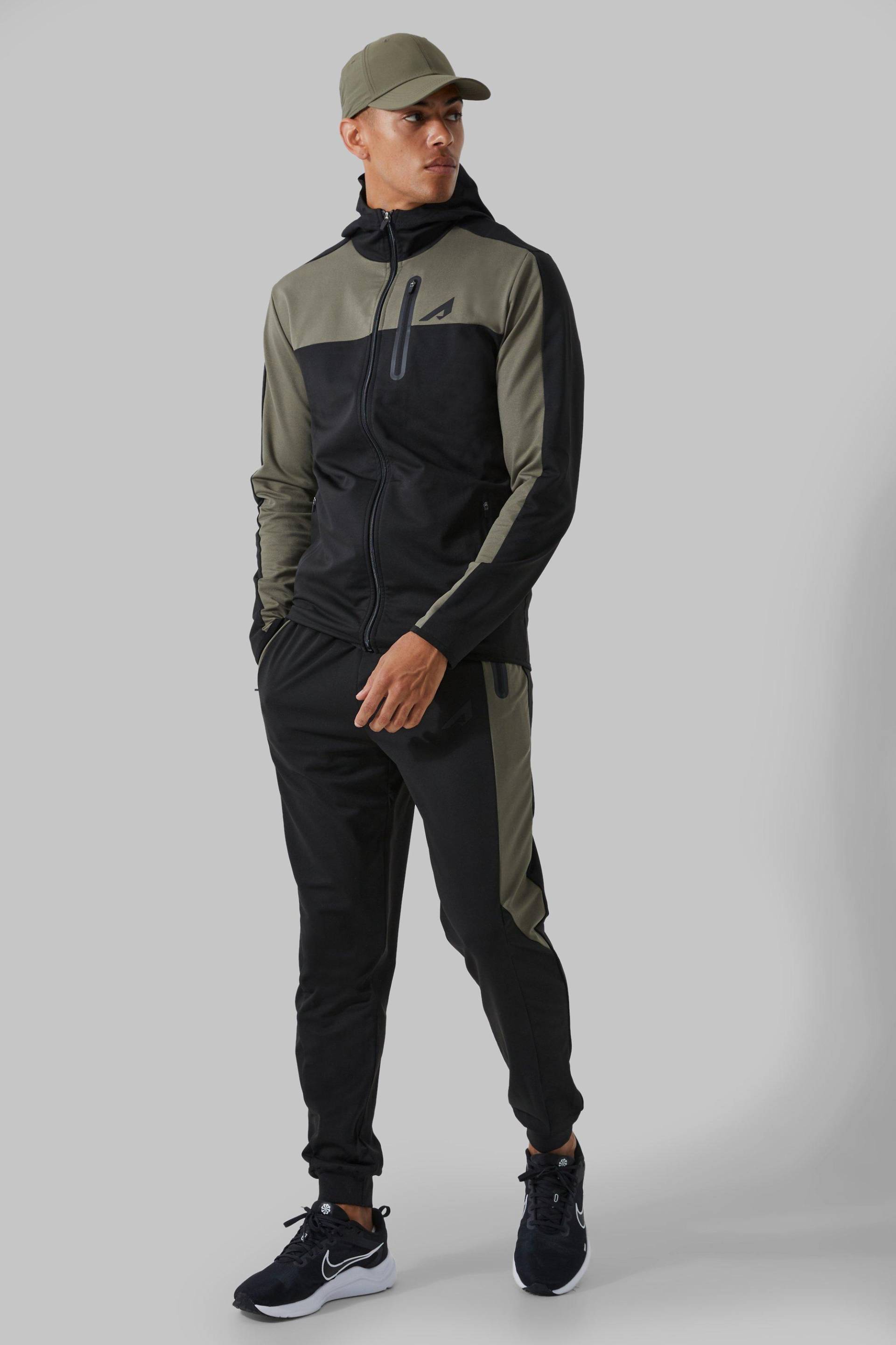 Active Colorblock Trainingsanzug Mit Kapuze Und Trichterkragen - Khaki - S, Khaki von boohoo