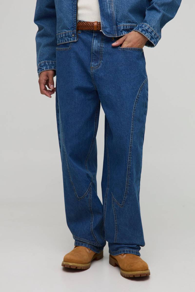 Baggy Blue Washed Paneled Jeans - Mid Blue - 34R, Mid Blue von boohoo