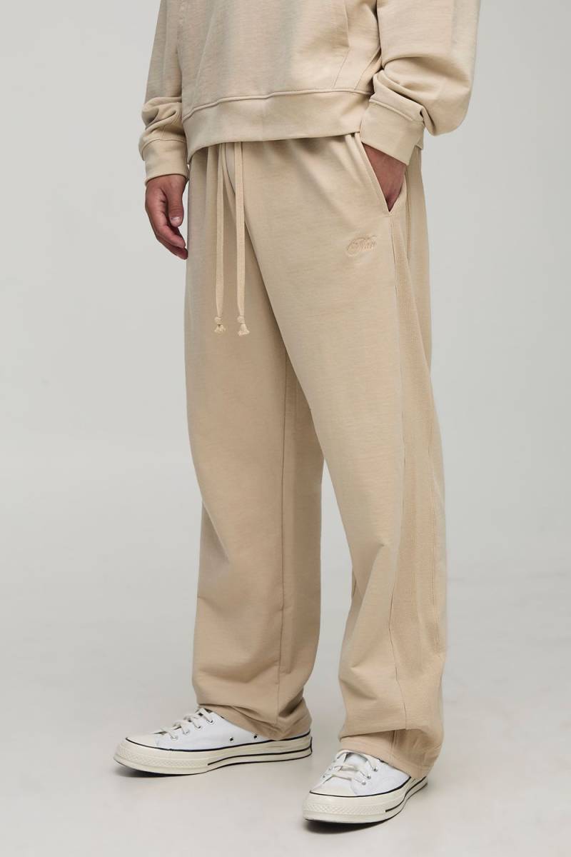 Baggy Fit Loopback Man Script Embroidered Rib Panel Jogger - Stone - S, Stone von boohoo