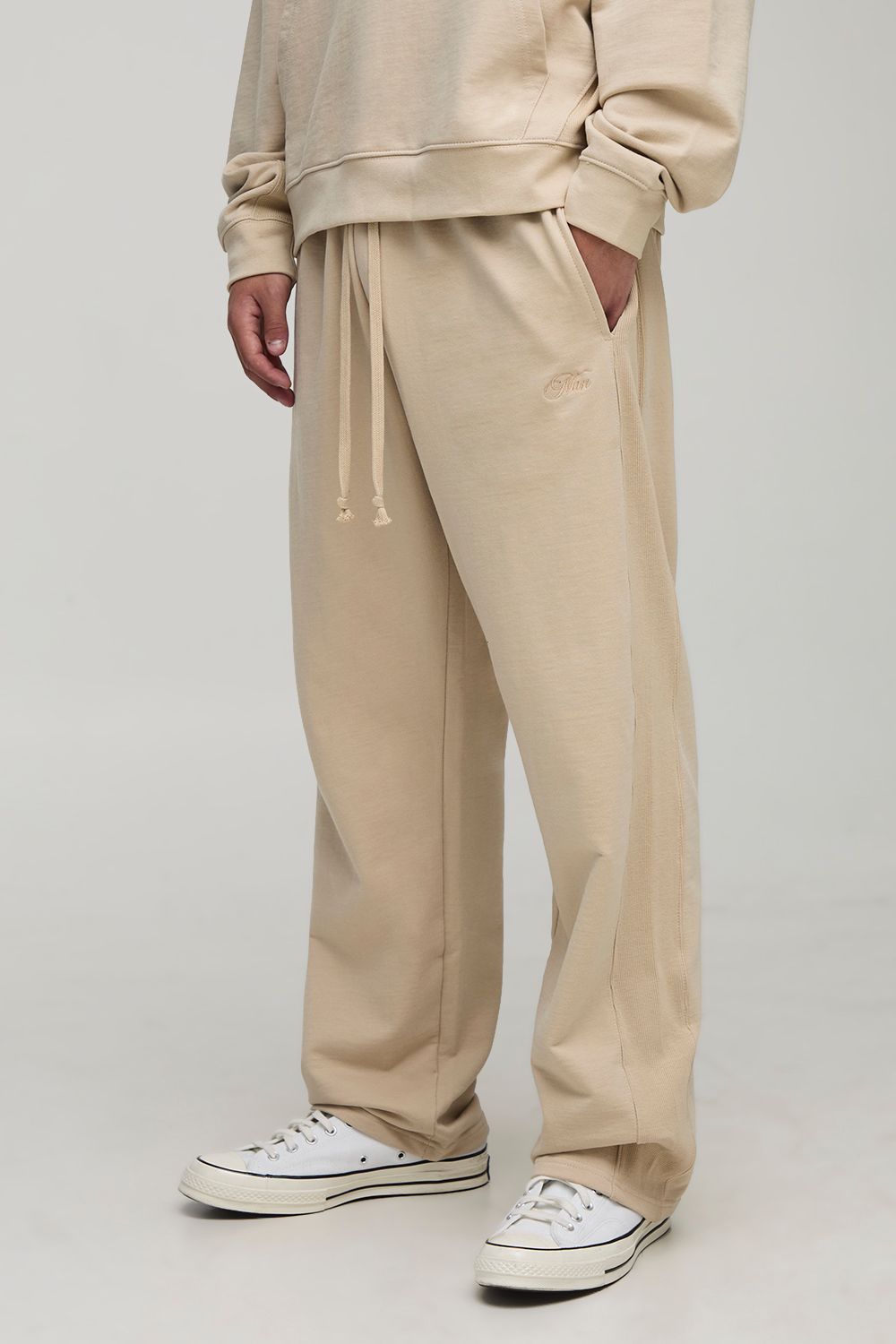 Baggy Fit Loopback Man Script Embroidered Rib Panel Jogger - Stone - Xs, Stone von boohoo