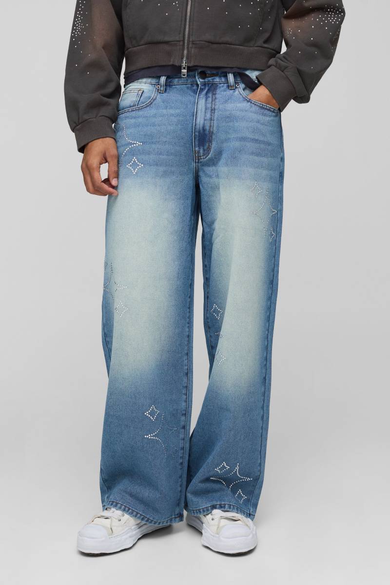 Baggy Fit Star Rhinestone Jeans - Light Wash - 32R, Light Wash von boohoo