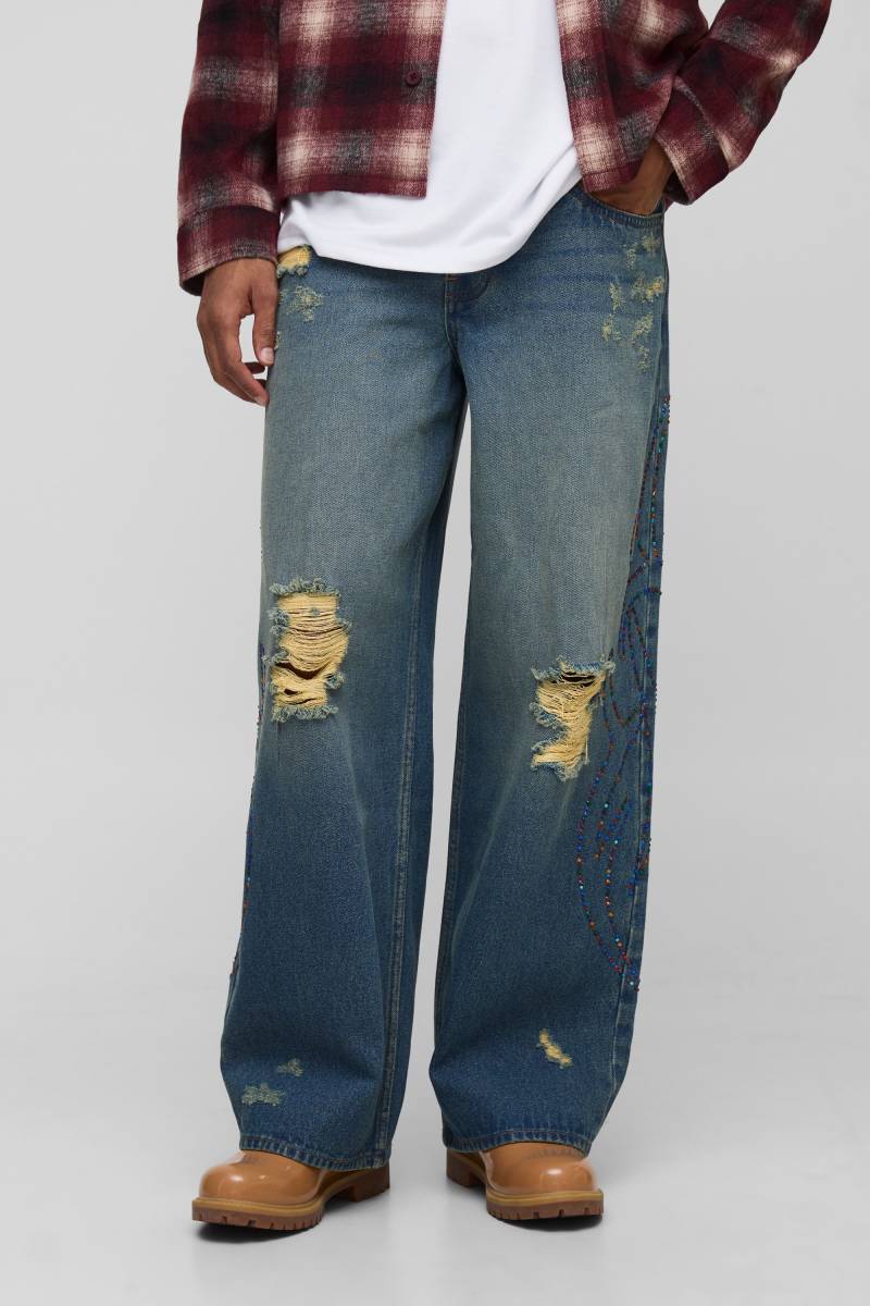 Baggy Fit Studded Tribal Washed Jeans - Blue - 34R, Blue von boohoo