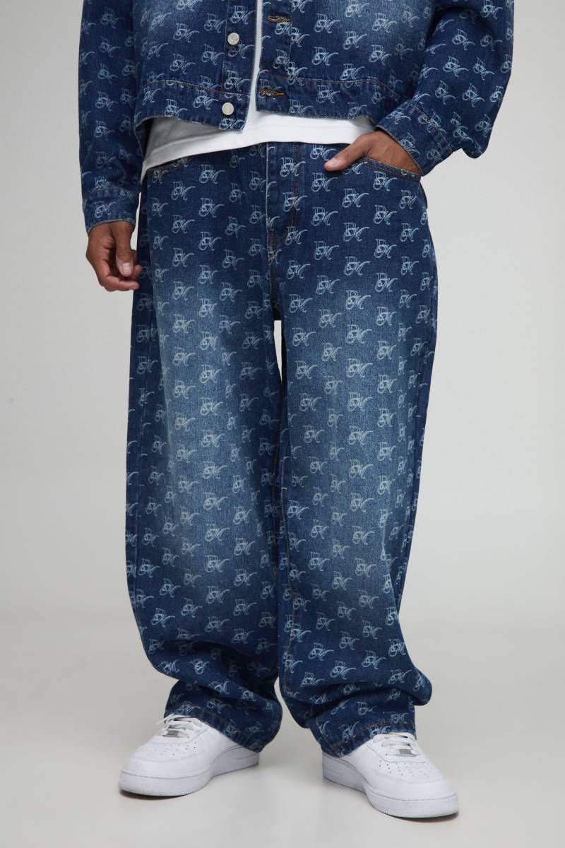 Baggy Fit Washed Monogram Jeans - Mid Blue - 34R, Mid Blue von boohoo