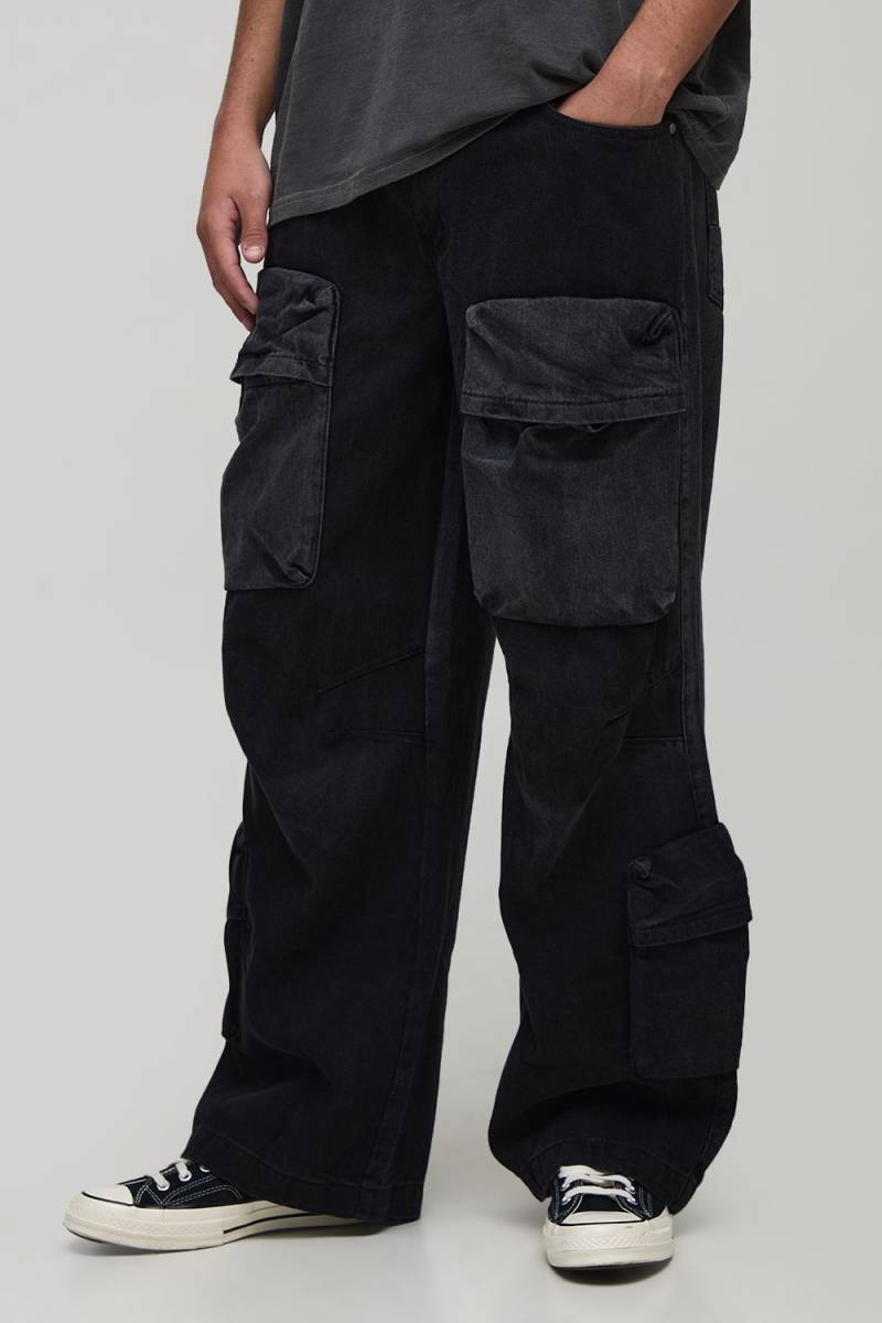 Baggy Fit Washed Multi Cargo Jeans - Washed Black - 34R, Washed Black von boohoo
