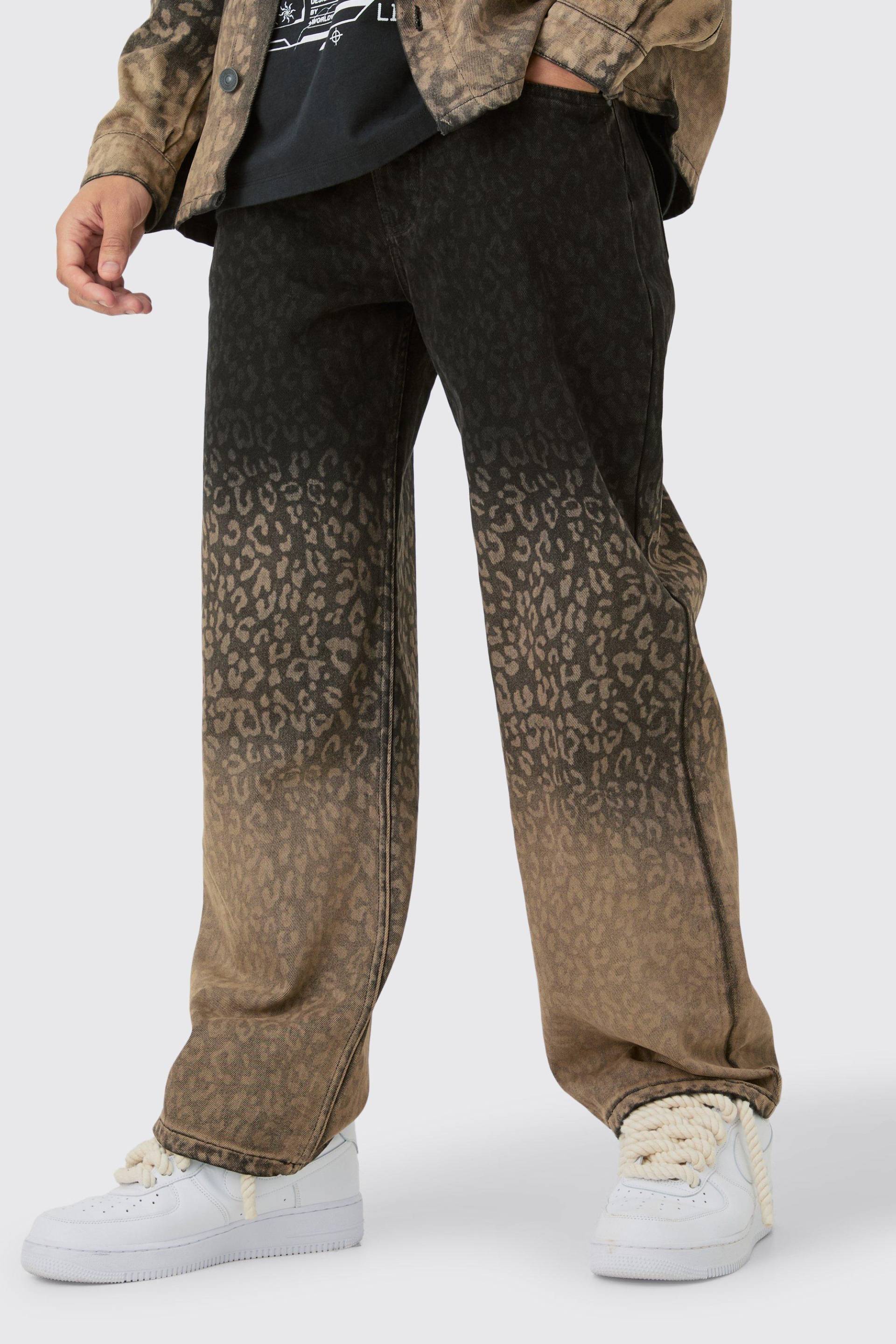 Baggy Rigid Leopard Print Jeans In Tinted Black - 32R, Black von boohoo