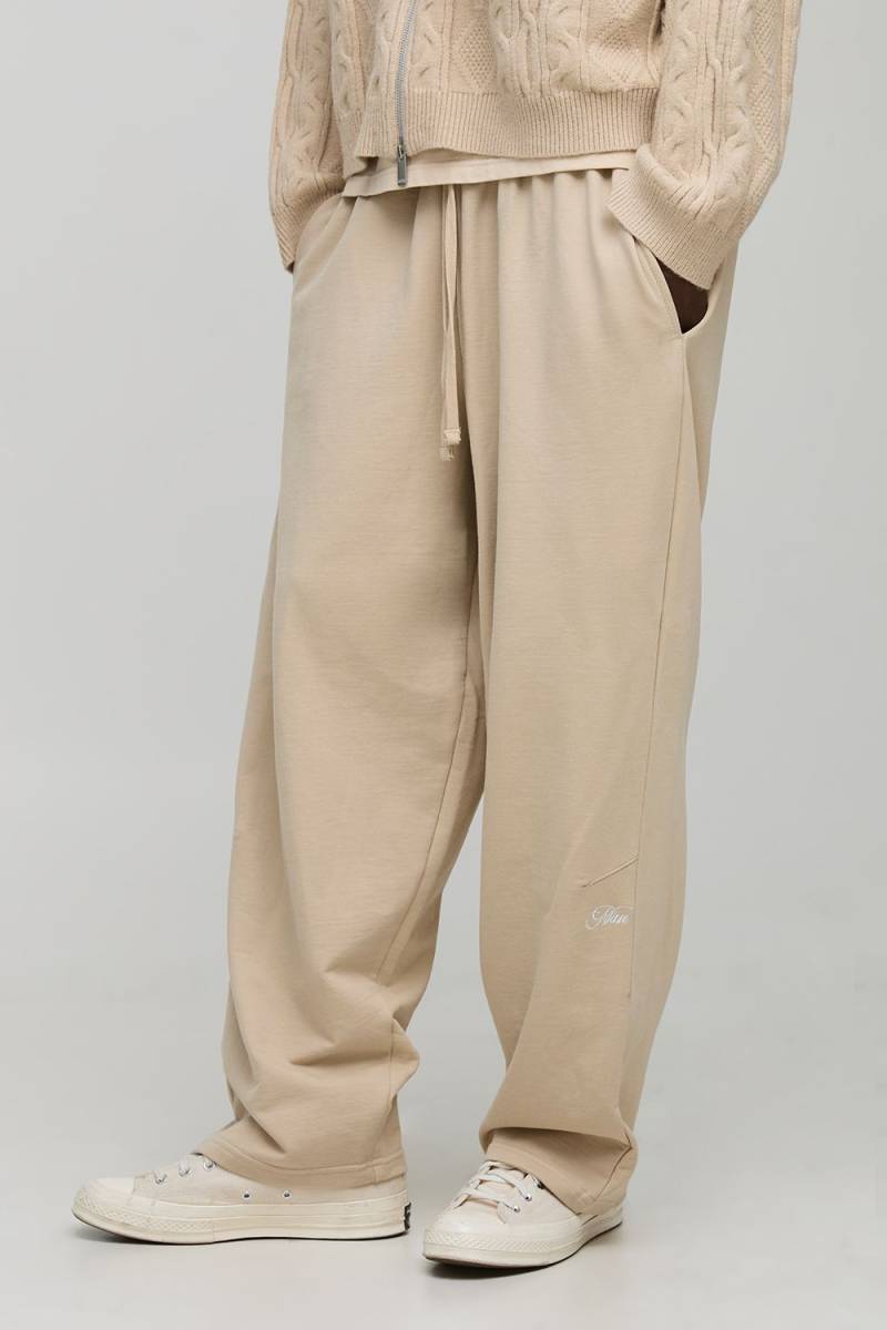 Balloon Fit Loopback Man Script Embroidered Joggers - Stone - L, Stone von boohoo