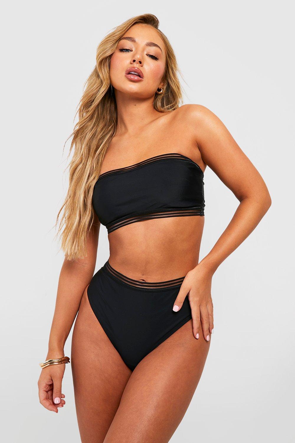 Bandeau-Bikini Mit Hohem Bund Und Mesh-Detail - Schwarz - 32, Schwarz von boohoo