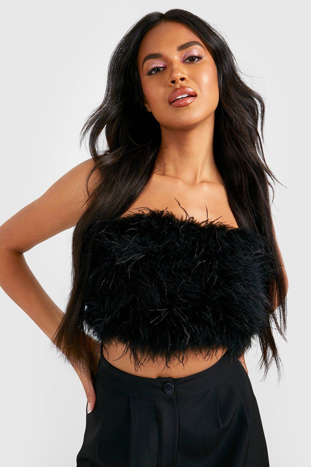 Bandeau Crop Top Mit Federn - Black - 40, Black von boohoo