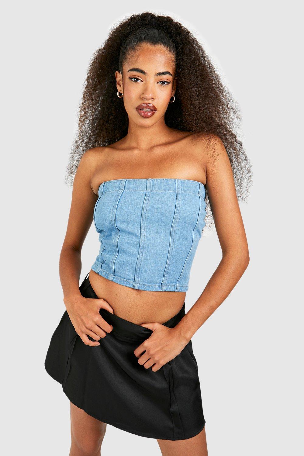 Bandeau Denim Crop Top - Mid Blue - 36, Mid Blue von boohoo