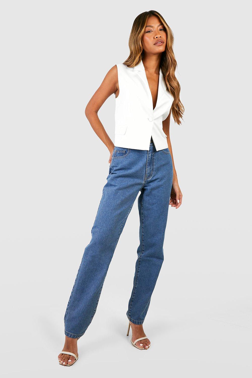 Basic Jeans Mit Hohem Bund Und Geradem Bein - Mid Blue - 40, Mid Blue von boohoo