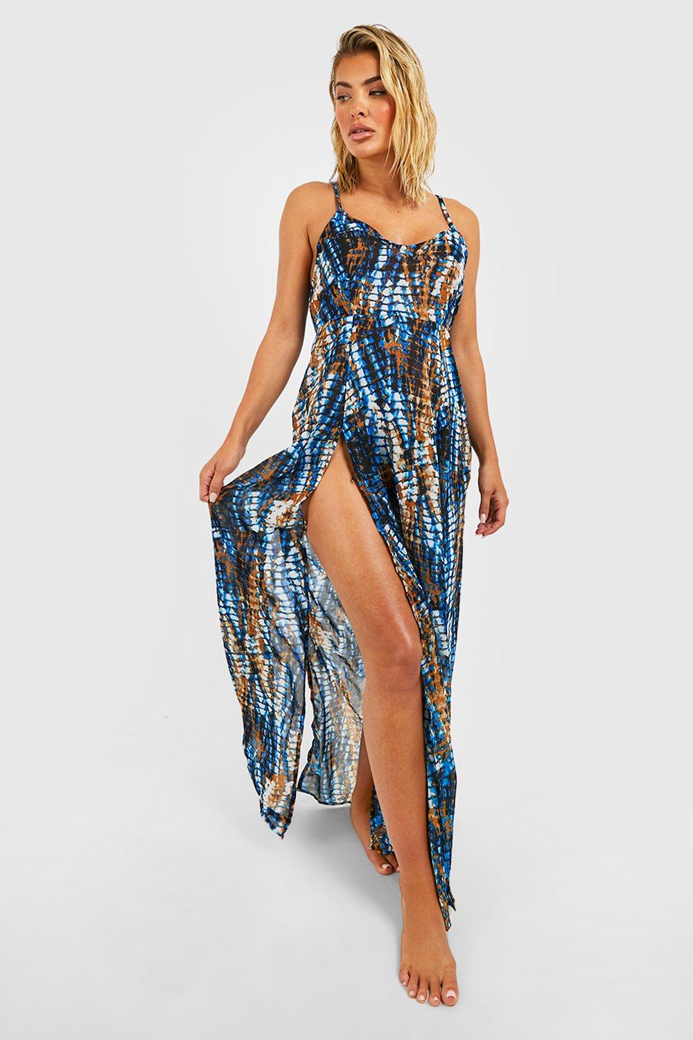 Batik Strand-Maxikleid - Blau - L, Blau von boohoo