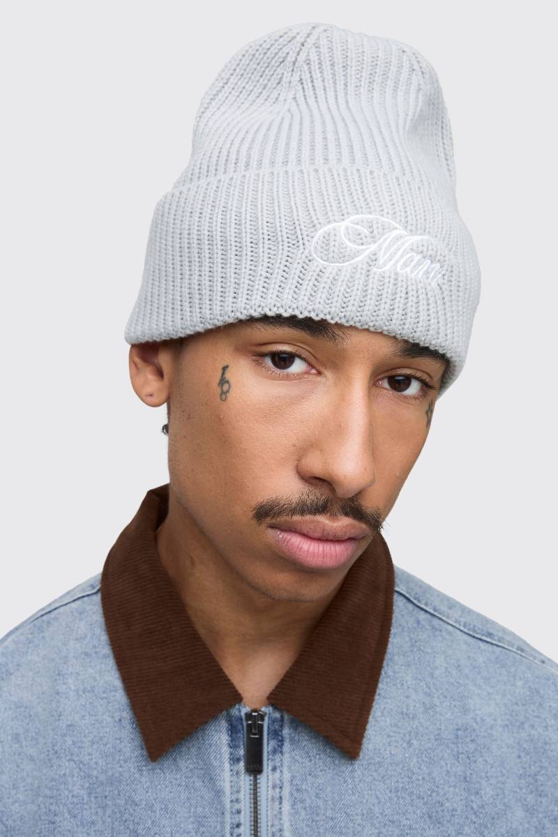 Beanie Mit Man-Stickerei - Light Grey - One Size, Light Grey von boohoo