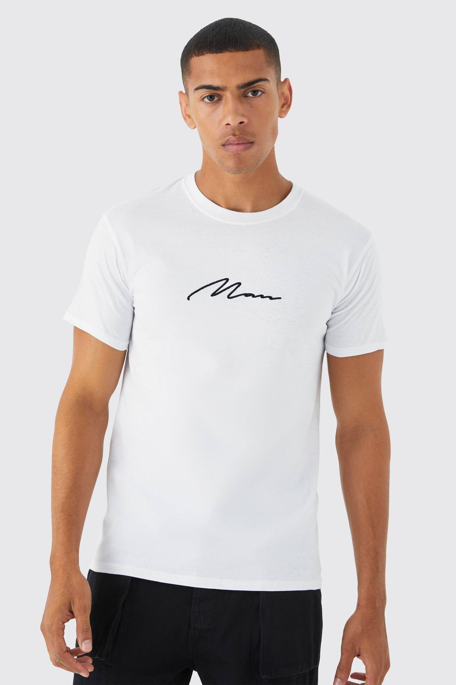 Besticktes Man Signature T-Shirt - White - L, White von boohoo