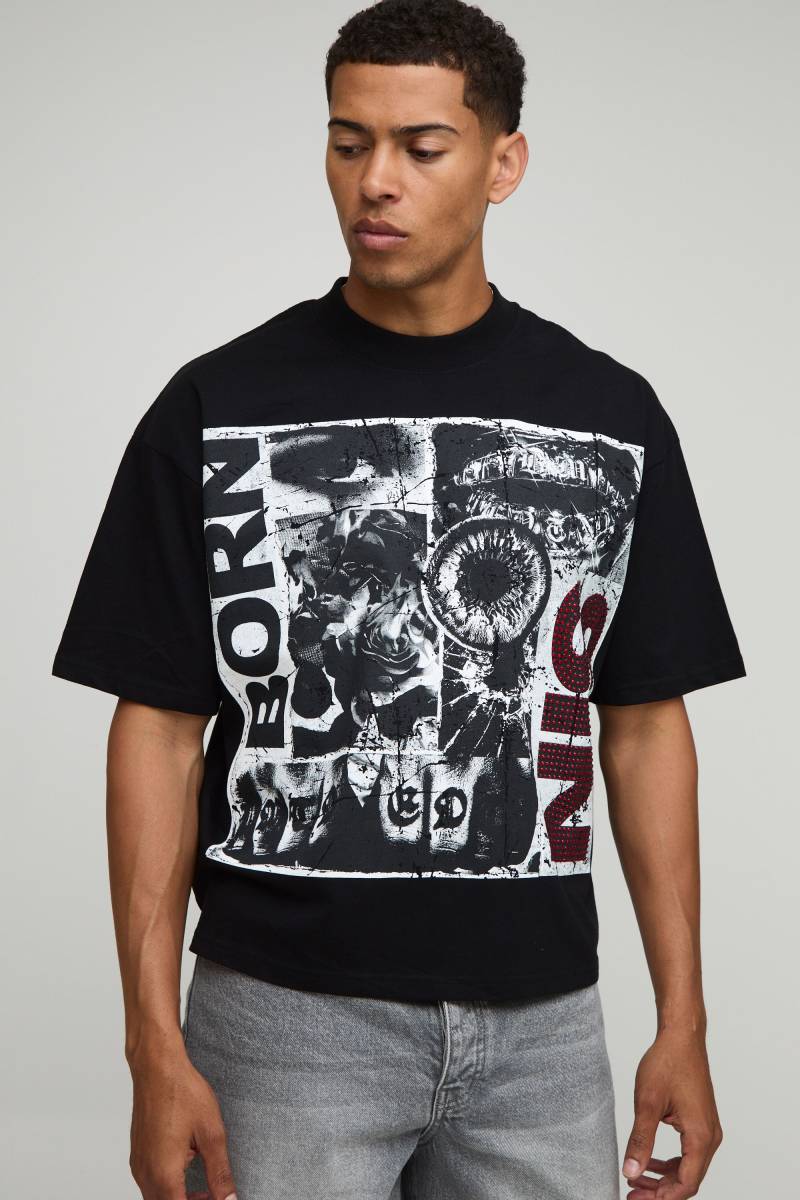 Black Oversized Boxy Rhinestone Grunge T-Shirt - Xs, Black Black Oversized Boxy Rhinestone Grunge T-Shirt - Xs, Black von boohoo