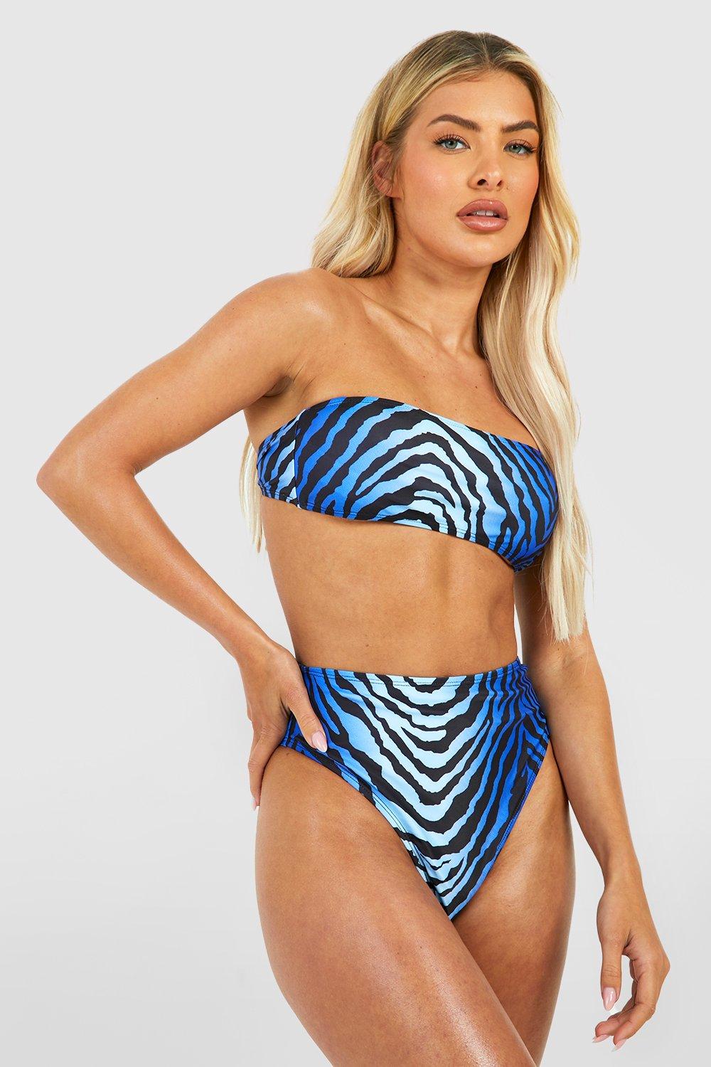 Blauer Zebraprint Bandeau-Bikini Mit Hohem Bund - Blue - 36, Blue von boohoo