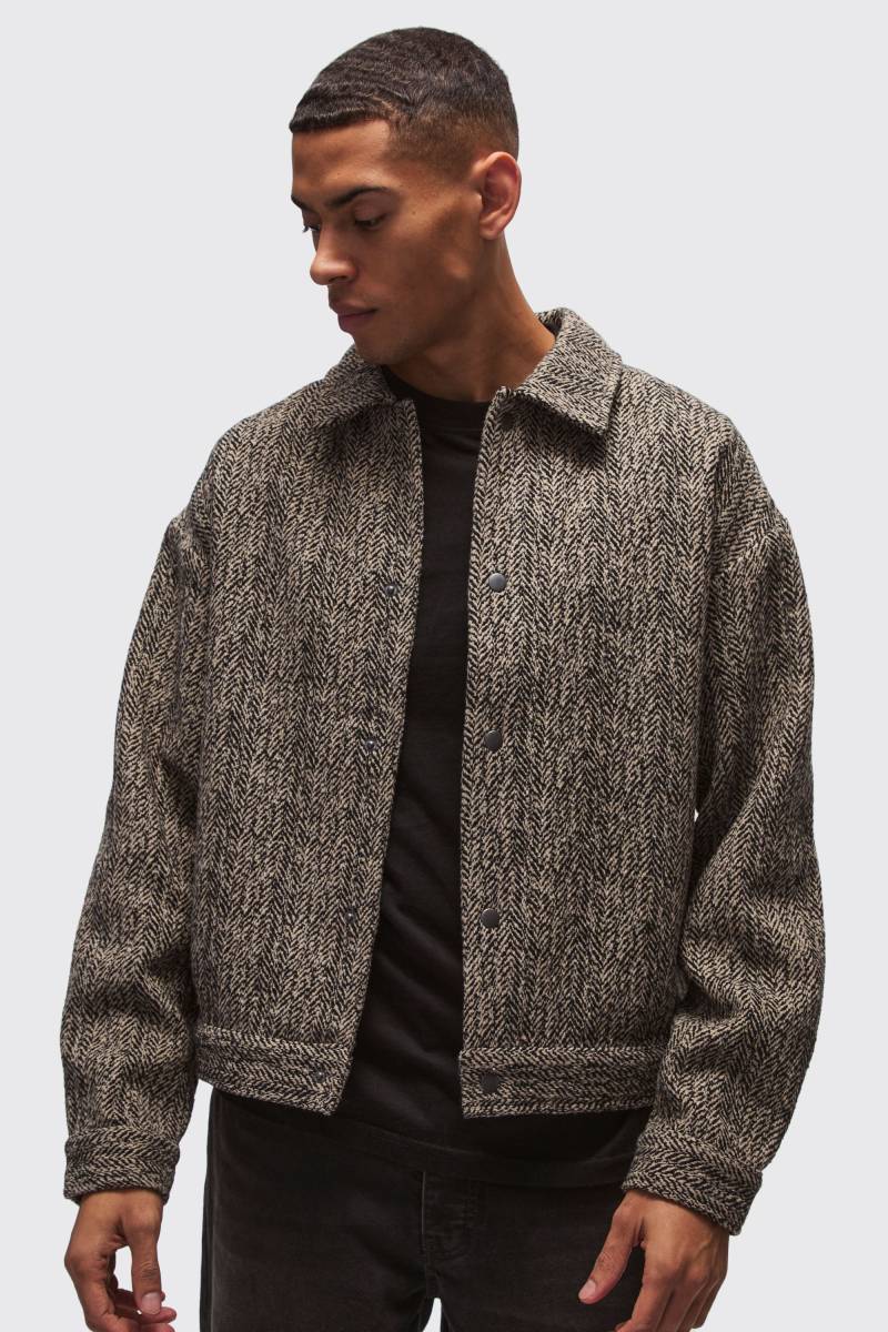 Bouclee-Overshirt Mit Fischgräten-Print - Taupe - S, Taupe Bouclee-Overshirt Mit Fischgräten-Print - Taupe - S, Taupe von boohoo