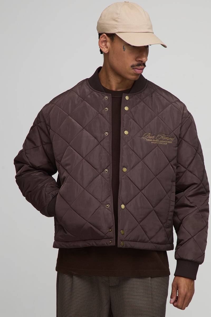Boxy Fit Embroidered Diamond Quilted Nylon Bomber Jacket - Chocolate - L, Chocolate Boxy Fit Embroidered Diamond Quilted Nylon Bomber Jacket - Chocolate - L, Chocolate von boohoo
