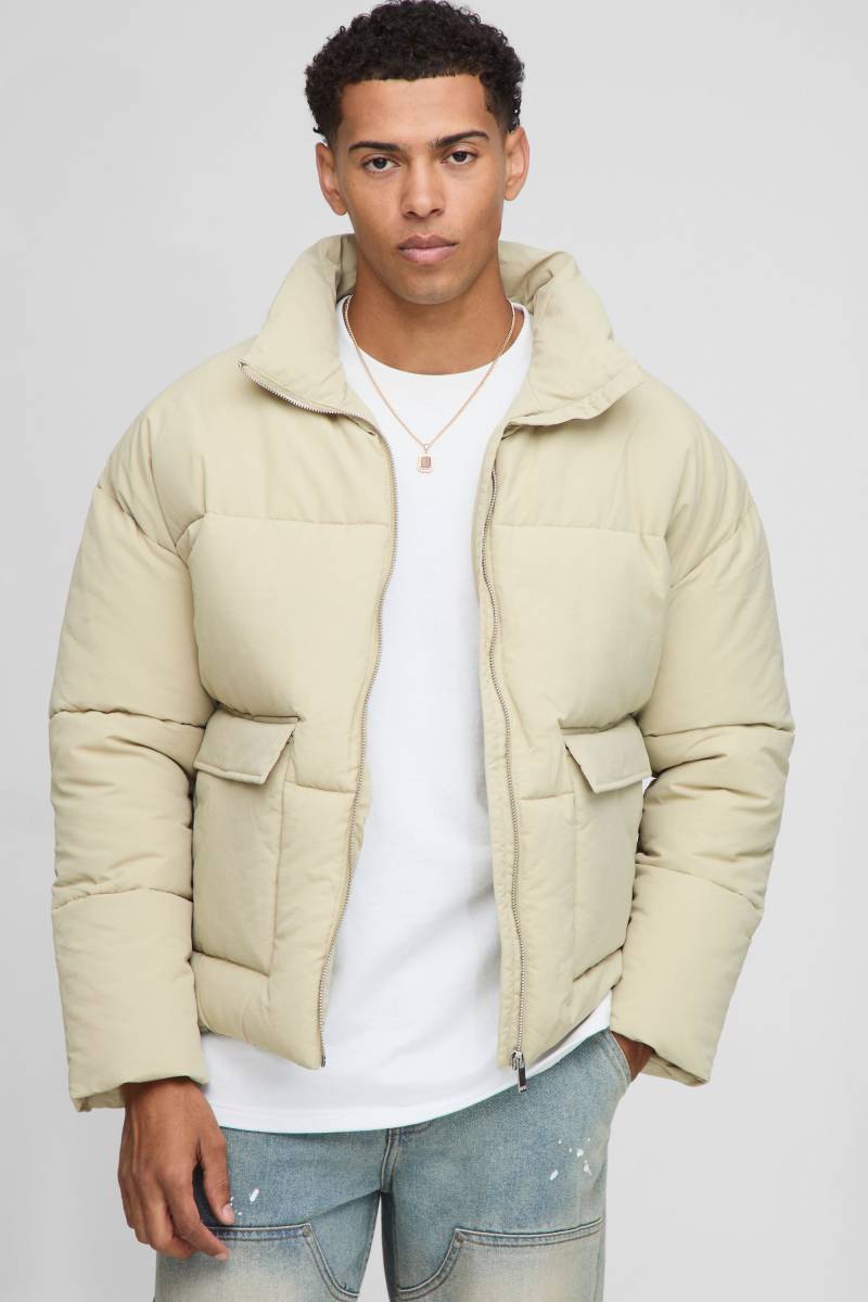 Boxy Fit Extreme Filled Funnel Neck Puffer Jacket - Stone - M, Stone von boohoo