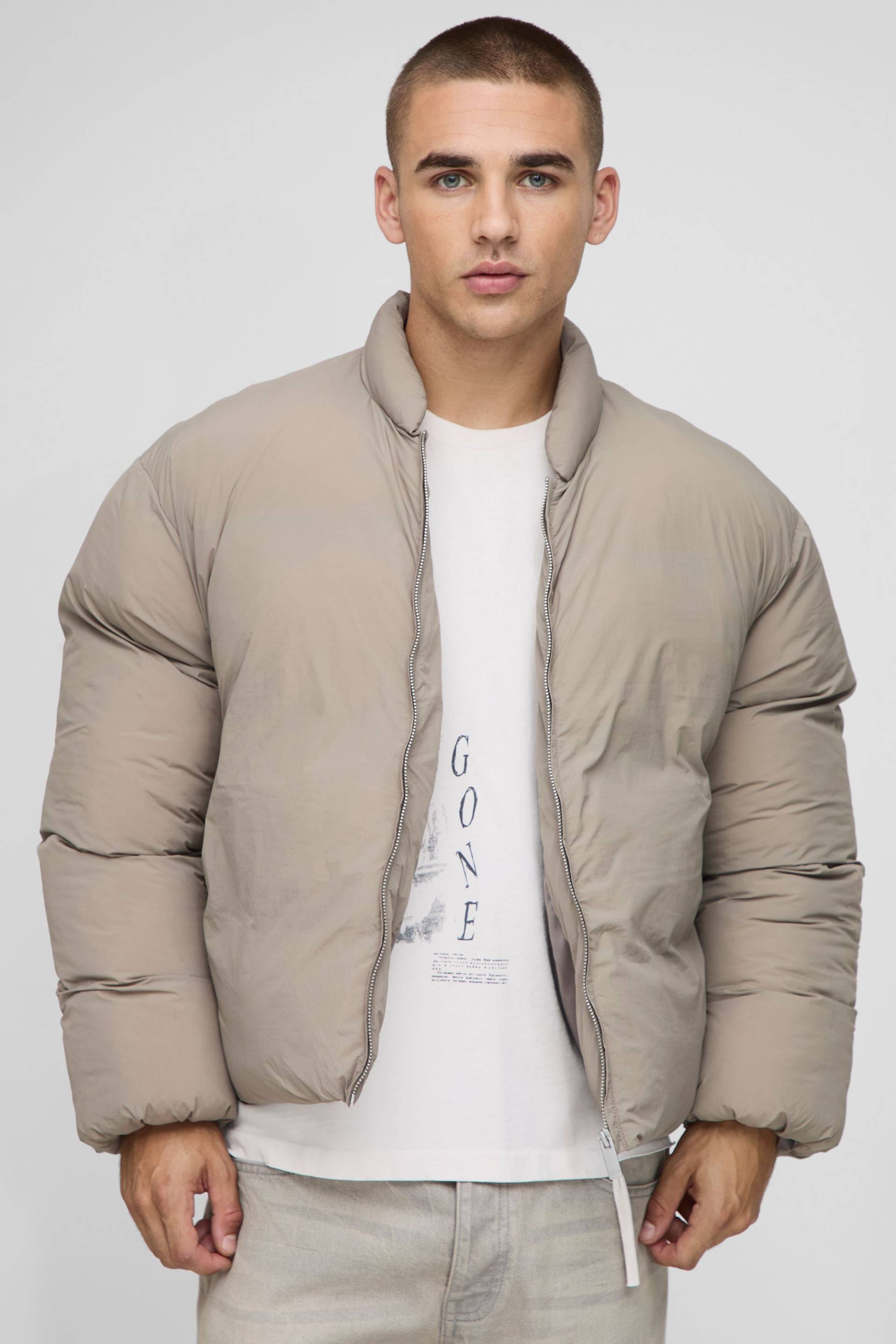 Boxy Fit Mono Padded Bomber Neck Puffer Jacket - Taupe - Xl, Taupe von boohoo