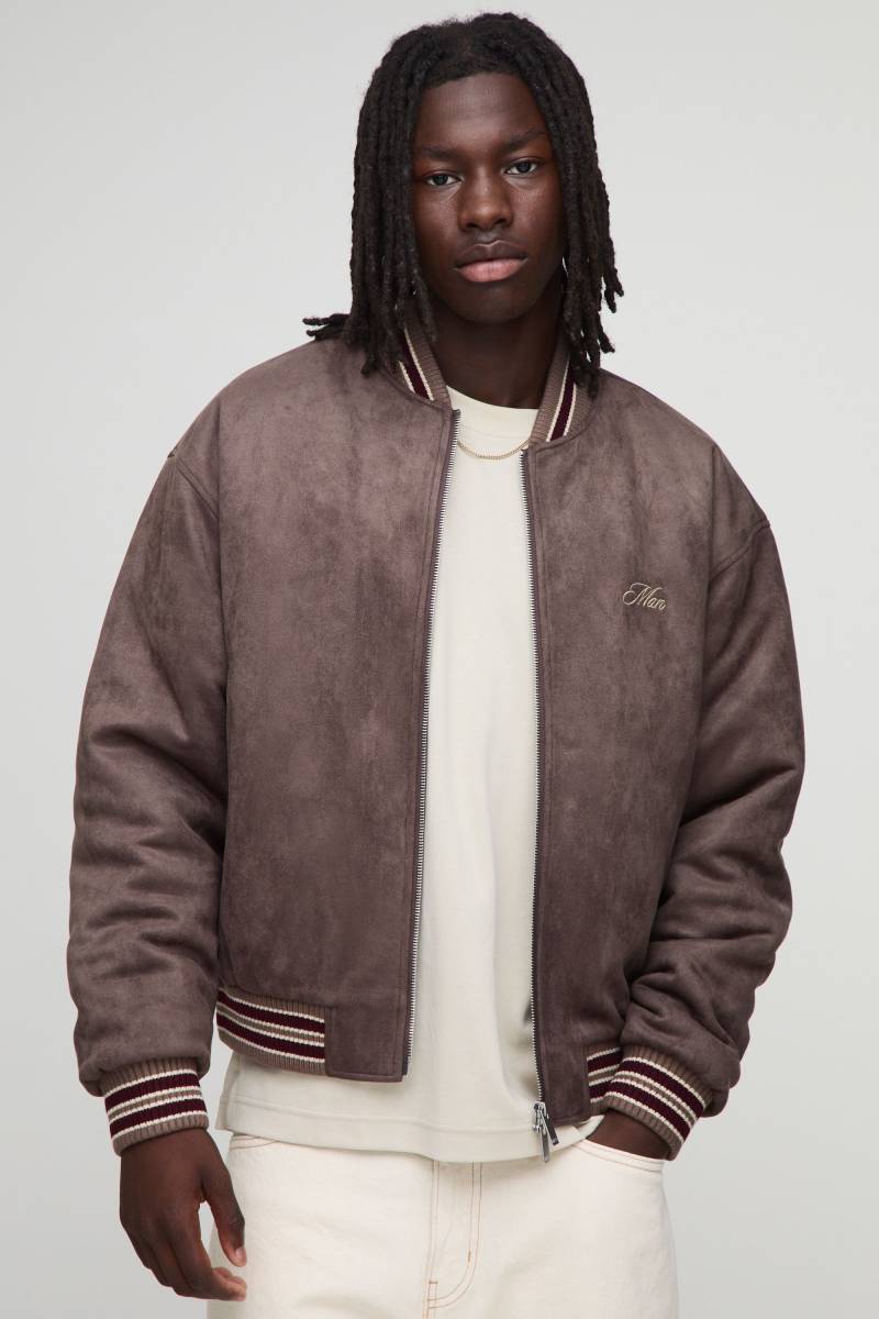 Boxy Fit Suede Chunky Rib Embroidered Bomber Jacket - Chocolate - L, Chocolate von boohoo