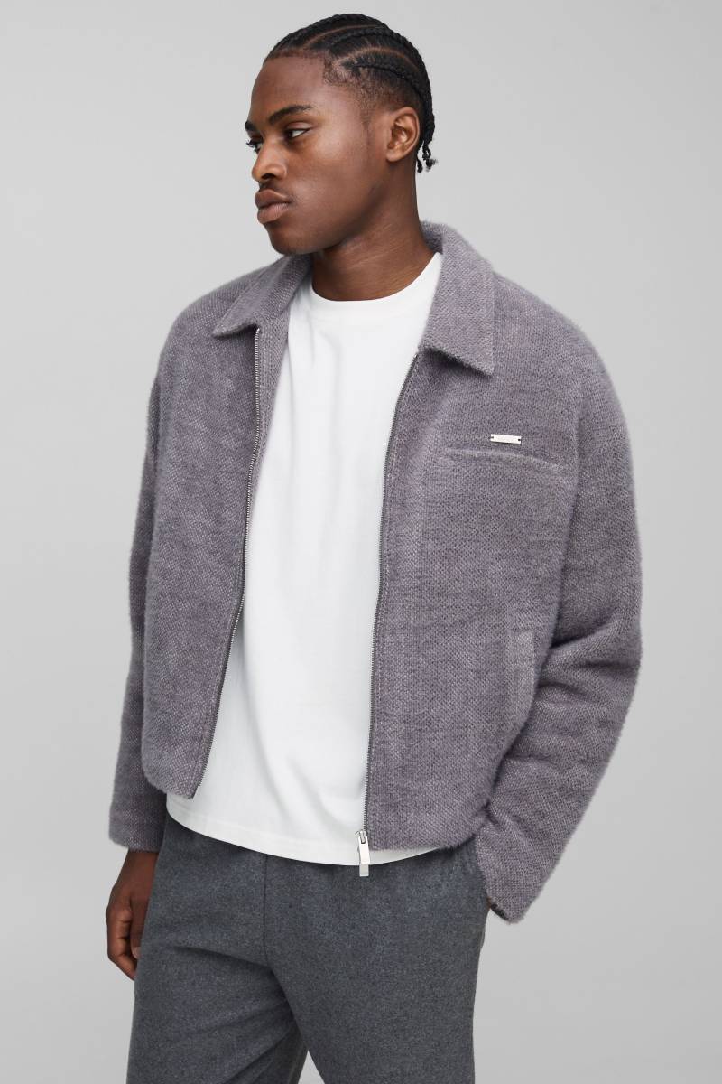 Boxy Fit Textured Harrington Jacket - Charcoal - S, Charcoal Boxy Fit Textured Harrington Jacket - Charcoal - S, Charcoal von boohoo