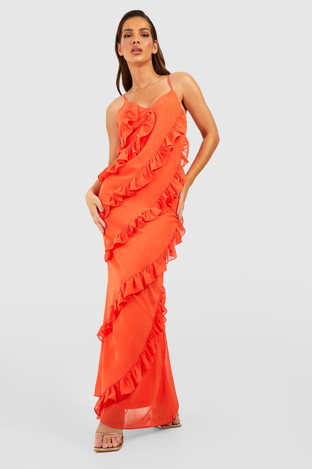 Chiffon-Maxikleid Mit Rüschen-Detail - Orange - 34, Orange von boohoo