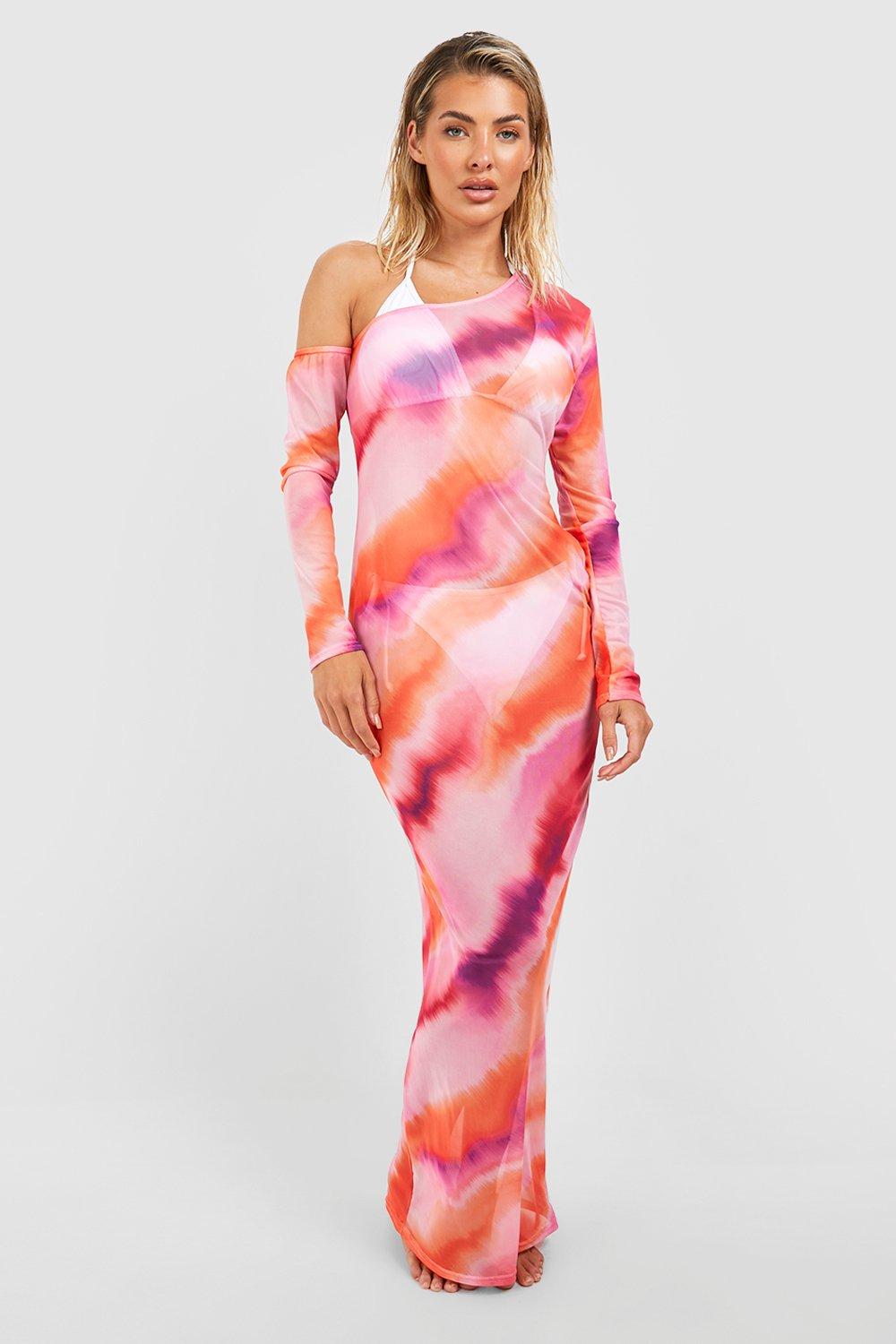 Einärmliges Batik Mesh Strand-Maxikleid - Pink - M, Pink von boohoo