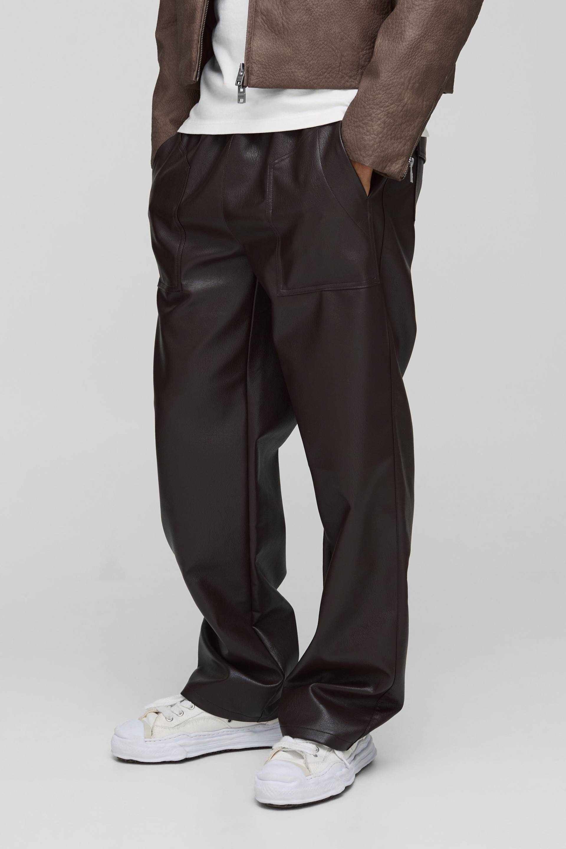 Elasticated Waist Pu Relaxed Carpenter Trouser - Coffee - S, Coffee von boohoo