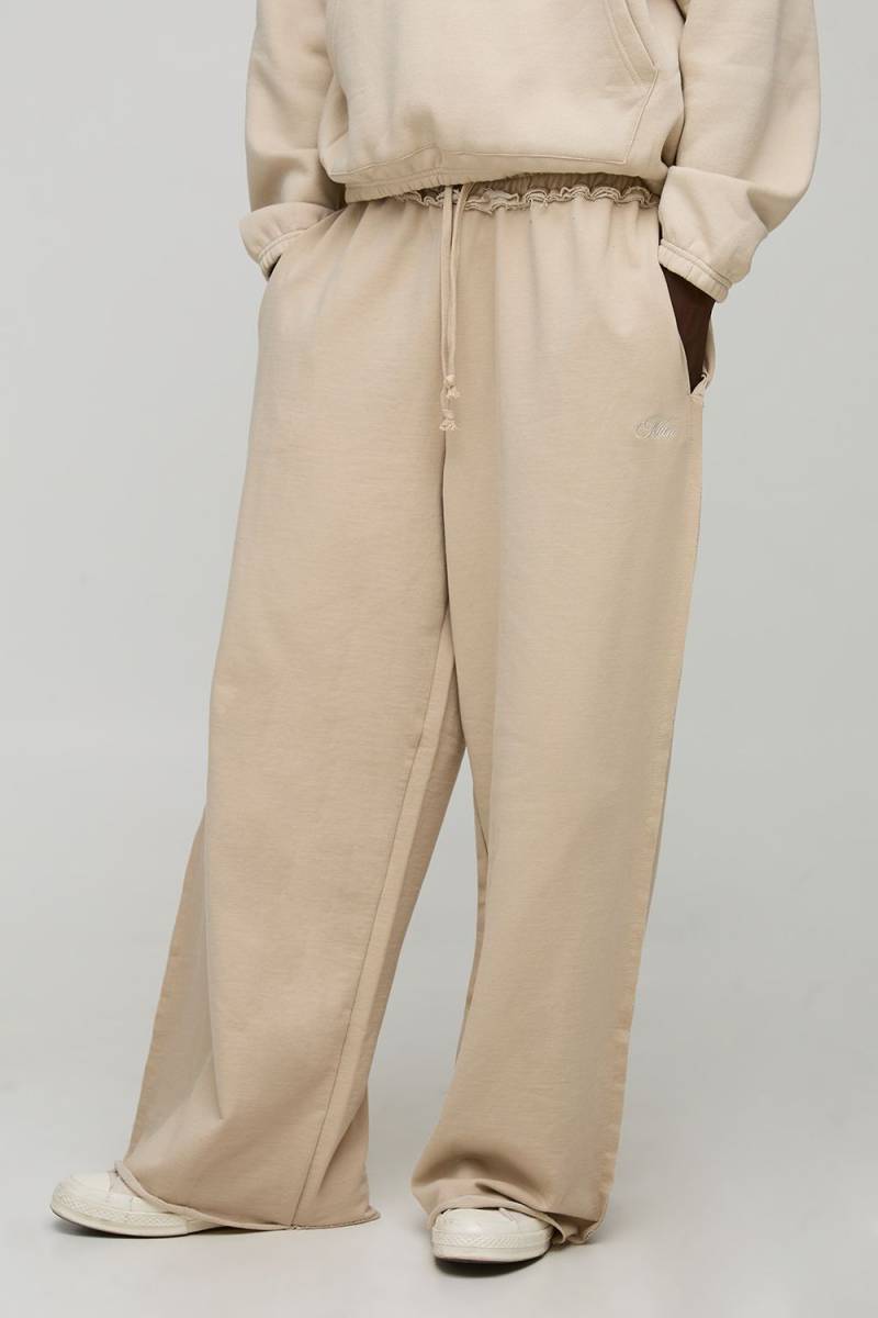 Extreme Wide Leg Loopback Man Script Embroidered Raw Hem Joggers - Stone - M, Stone von boohoo